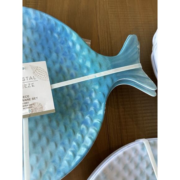 12 Coastal Breeze Fish Shaped Melamine Lunch Dinner Snack Plates Blue Ombre - Picture 4 of 11